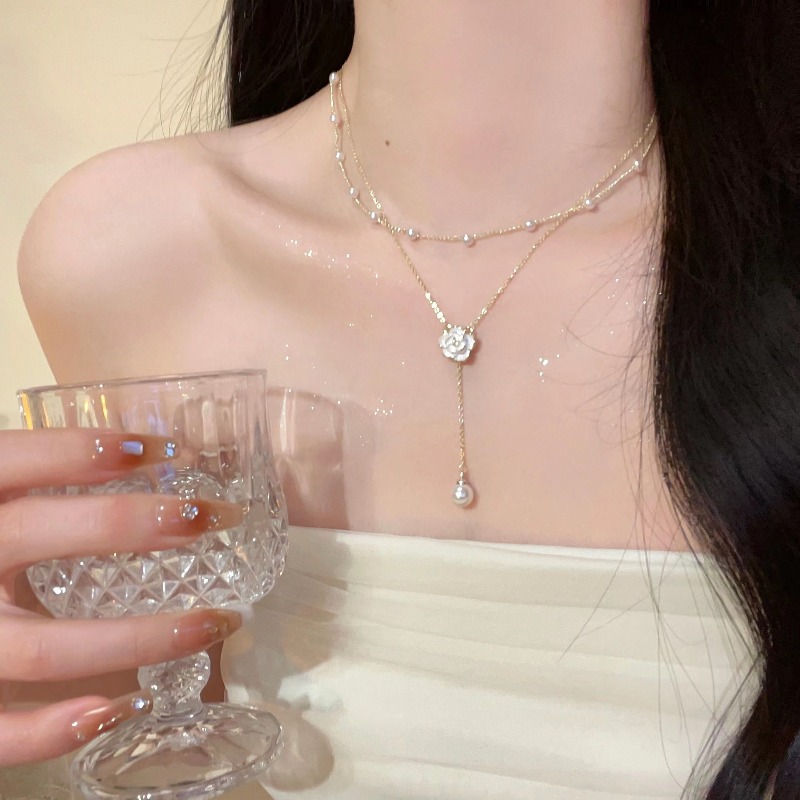 Layered Pendant Necklace Aesthetic - Y2K Çift Katmanlı Kamelya Çiçek Kolye