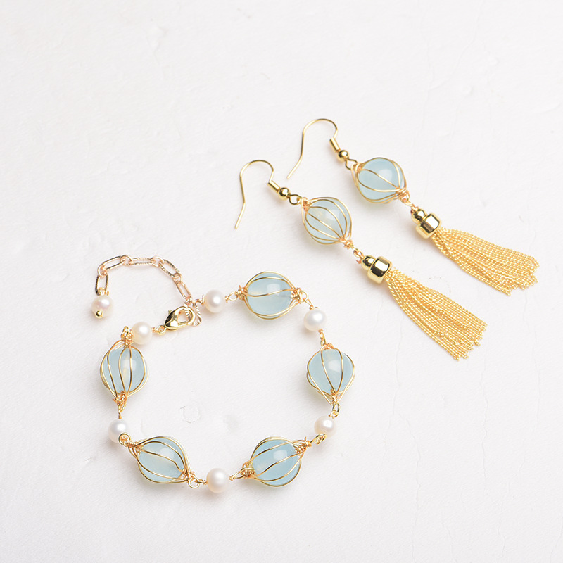 Earrings - Mavi Doğal Yeşim Boncuk Küpe Moda